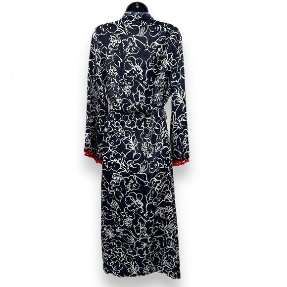 Misa Azores Tasseled Navy Blue & White Floral Long Sleeve Tie Long Kimono XS NEW - Picture 7 of 13